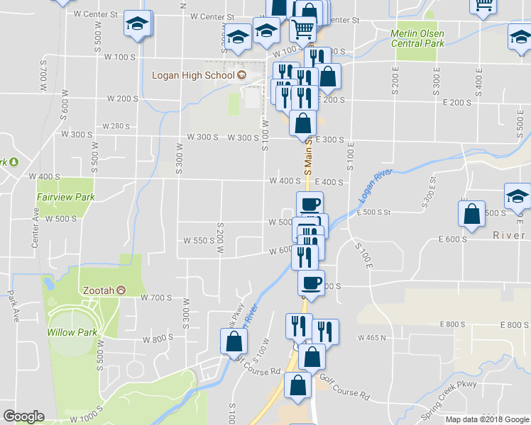 map of restaurants, bars, coffee shops, grocery stores, and more near 488 South 100 West in Logan