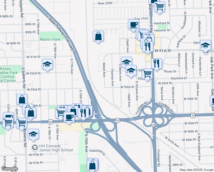 map of restaurants, bars, coffee shops, grocery stores, and more near 9237 Beloit Avenue in Bridgeview