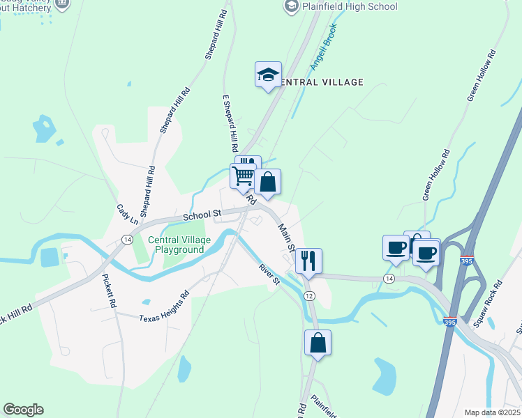 map of restaurants, bars, coffee shops, grocery stores, and more near 18 Main Street in Plainfield