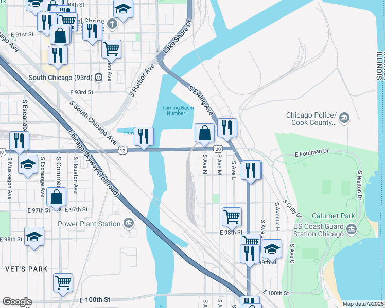 map of restaurants, bars, coffee shops, grocery stores, and more near 3433 East 95th Street in Chicago
