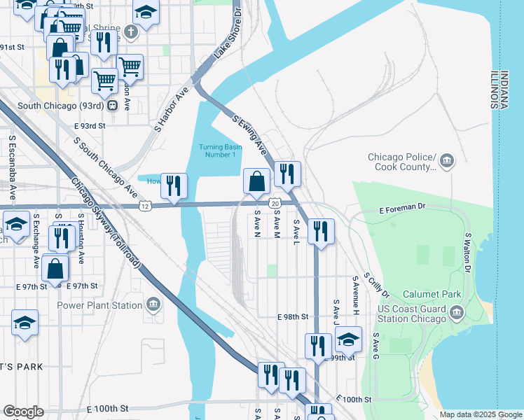 map of restaurants, bars, coffee shops, grocery stores, and more near 3505 East 95th Street in Chicago
