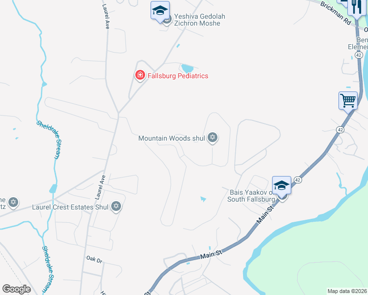 map of restaurants, bars, coffee shops, grocery stores, and more near 79 Mountain Woods Circle in Fallsburg