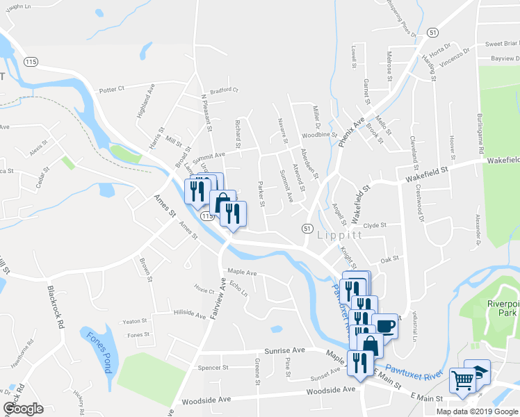 map of restaurants, bars, coffee shops, grocery stores, and more near 16 Parker Street in West Warwick