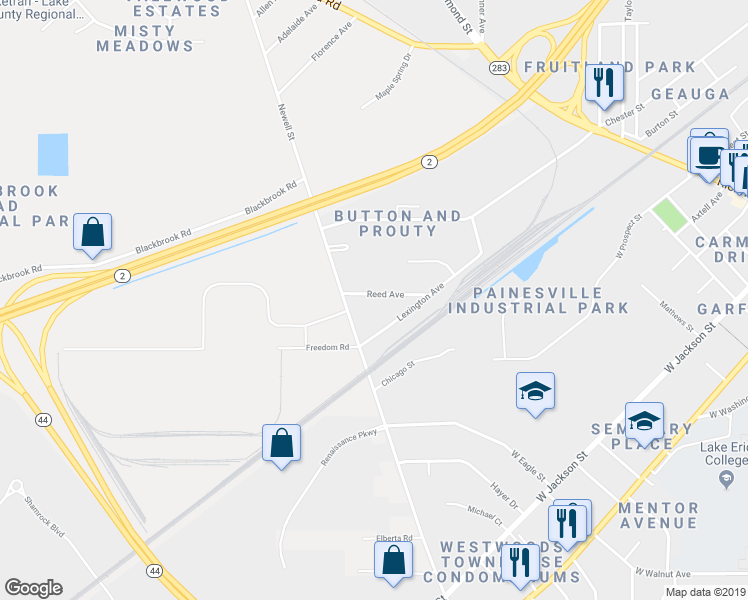 map of restaurants, bars, coffee shops, grocery stores, and more near 483 Reed Avenue in Painesville