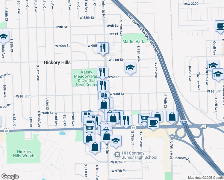 map of restaurants, bars, coffee shops, grocery stores, and more near 9243 South Roberts Road in Hickory Hills