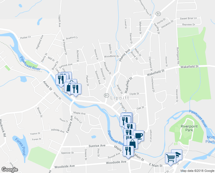 map of restaurants, bars, coffee shops, grocery stores, and more near 46 Phenix Avenue in West Warwick