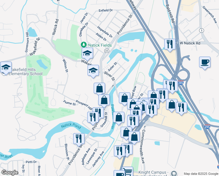 map of restaurants, bars, coffee shops, grocery stores, and more near 17 River Street in West Warwick