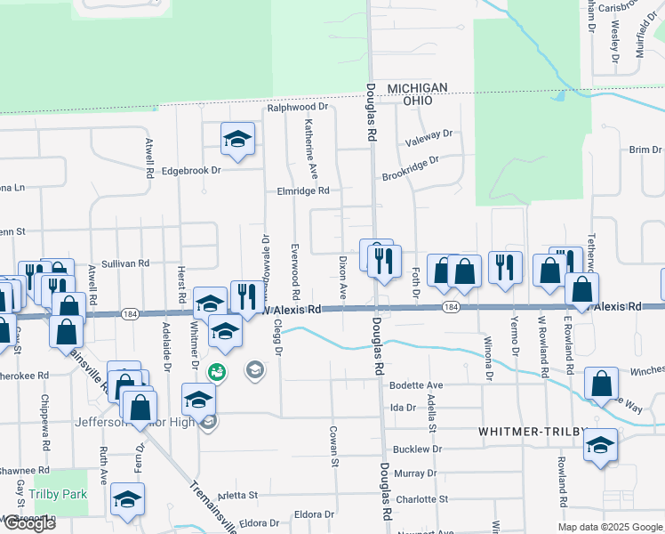 map of restaurants, bars, coffee shops, grocery stores, and more near 5849 Dixon Avenue in Toledo