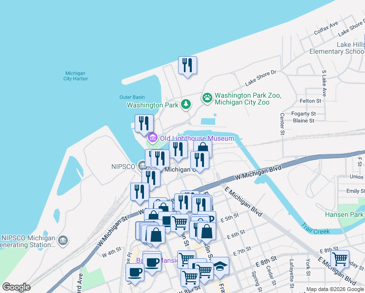 map of restaurants, bars, coffee shops, grocery stores, and more near 2 Marine Drive in Michigan City