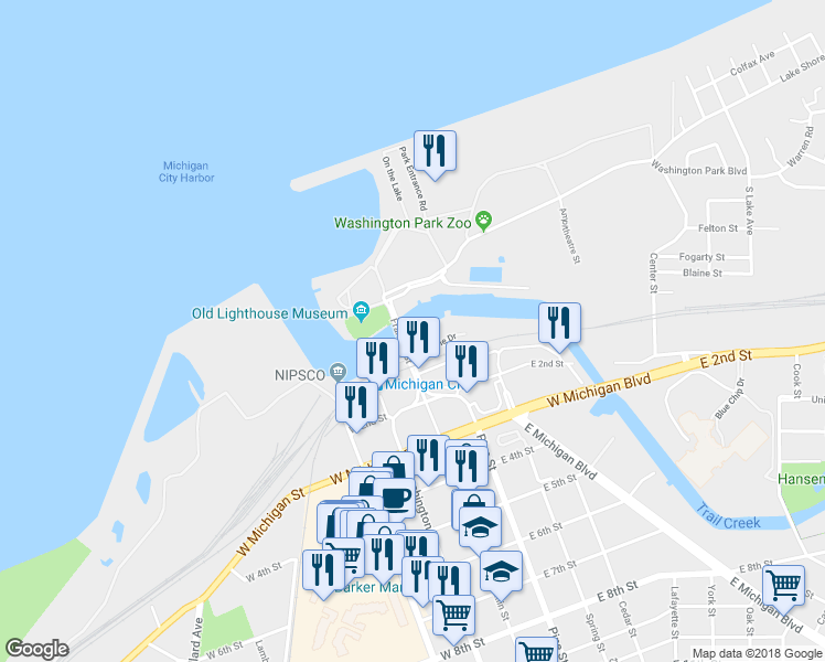 map of restaurants, bars, coffee shops, grocery stores, and more near 104 Franklin Street in Michigan City
