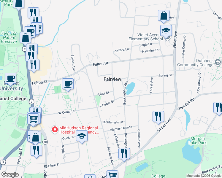 map of restaurants, bars, coffee shops, grocery stores, and more near 51 Lake Street in Poughkeepsie