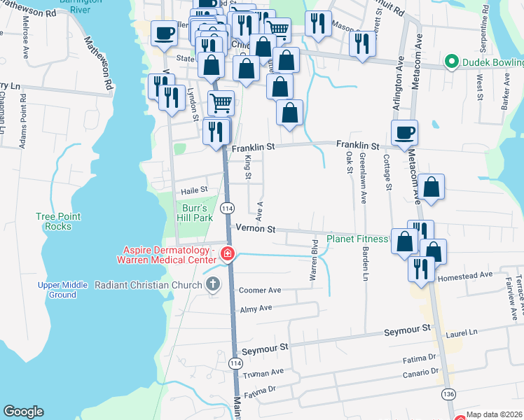map of restaurants, bars, coffee shops, grocery stores, and more near 21 Avenue A in Warren