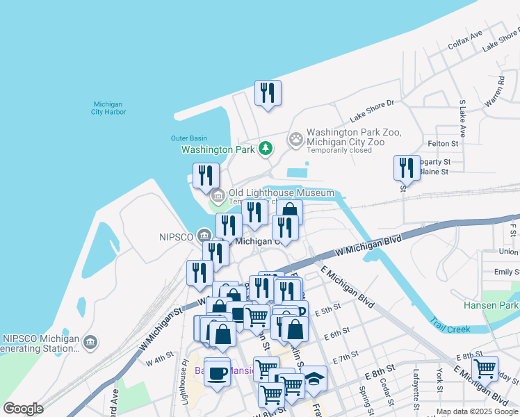 map of restaurants, bars, coffee shops, grocery stores, and more near 2 Marine Drive in Michigan City