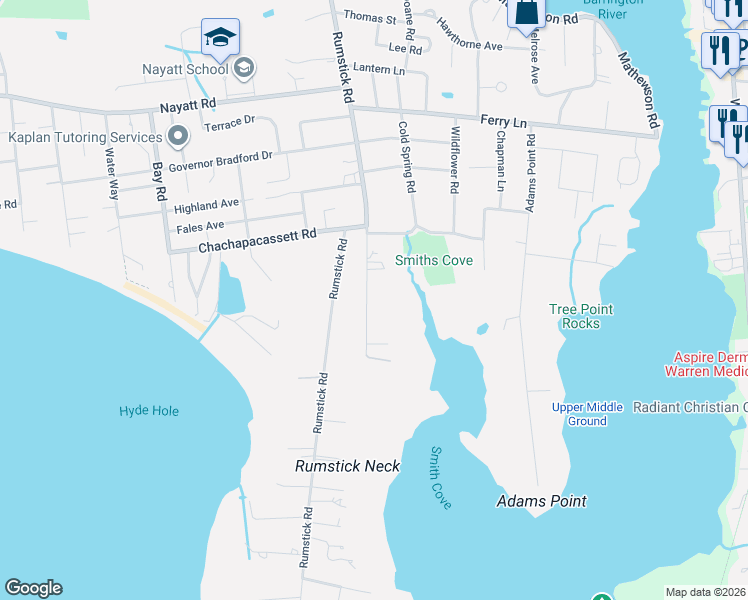 map of restaurants, bars, coffee shops, grocery stores, and more near 34 South Meadow Lane in Barrington