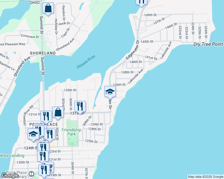 map of restaurants, bars, coffee shops, grocery stores, and more near 5630 Edgewater Drive in Toledo