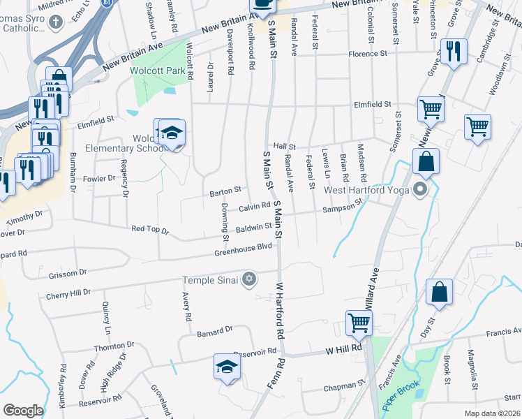 map of restaurants, bars, coffee shops, grocery stores, and more near 11 Calvin Road in West Hartford