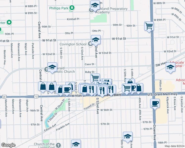 map of restaurants, bars, coffee shops, grocery stores, and more near 5213 Ruby Street in Oak Lawn