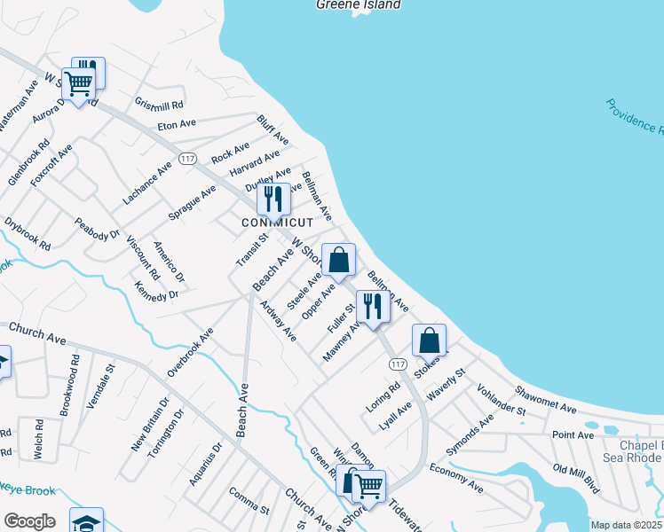 map of restaurants, bars, coffee shops, grocery stores, and more near 835 Rhode Island 117 in Warwick