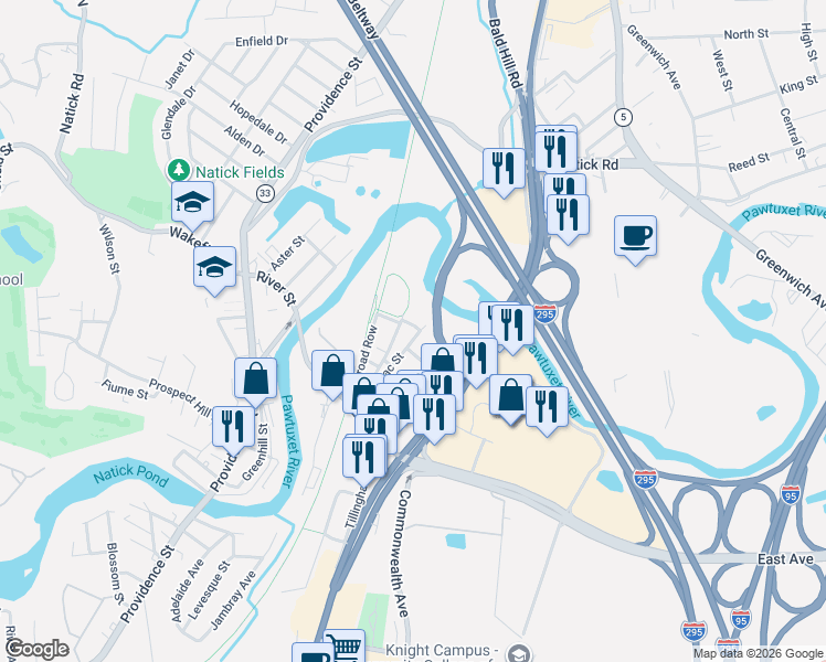 map of restaurants, bars, coffee shops, grocery stores, and more near 55 West Pontiac Street in Warwick