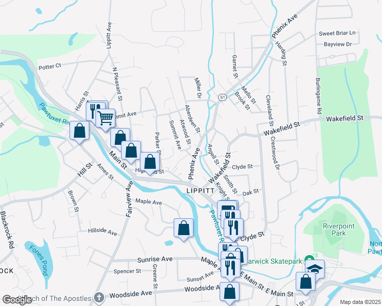 map of restaurants, bars, coffee shops, grocery stores, and more near 42 Phenix Avenue in West Warwick