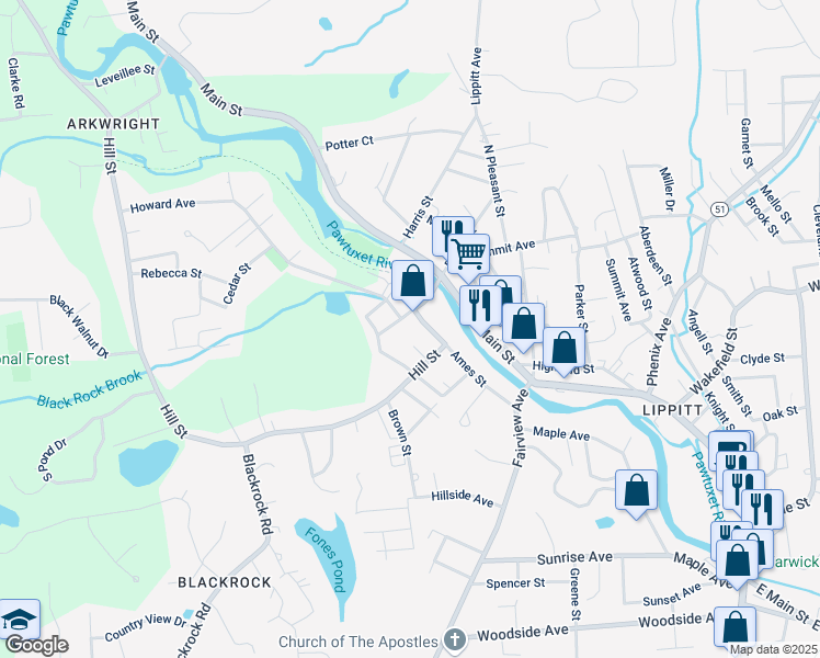 map of restaurants, bars, coffee shops, grocery stores, and more near 48 Ames Street in Coventry