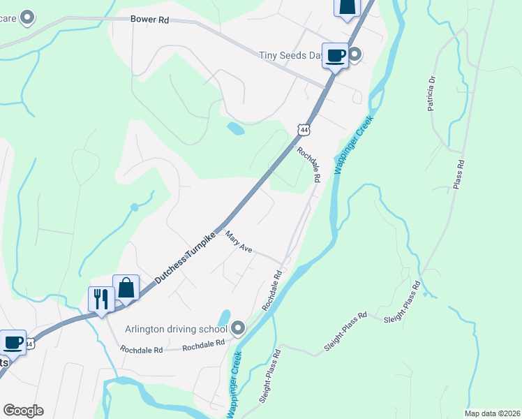 map of restaurants, bars, coffee shops, grocery stores, and more near 1224 Dutchess Turnpike in Poughkeepsie