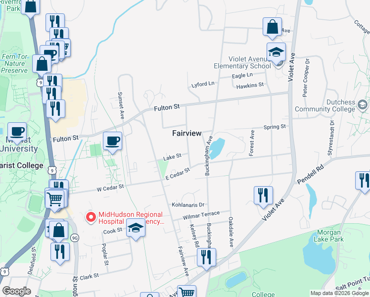 map of restaurants, bars, coffee shops, grocery stores, and more near 51 Lake Street in Poughkeepsie