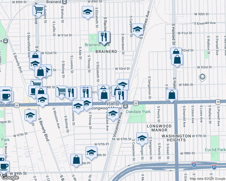 map of restaurants, bars, coffee shops, grocery stores, and more near 9419 South Racine Avenue in Chicago