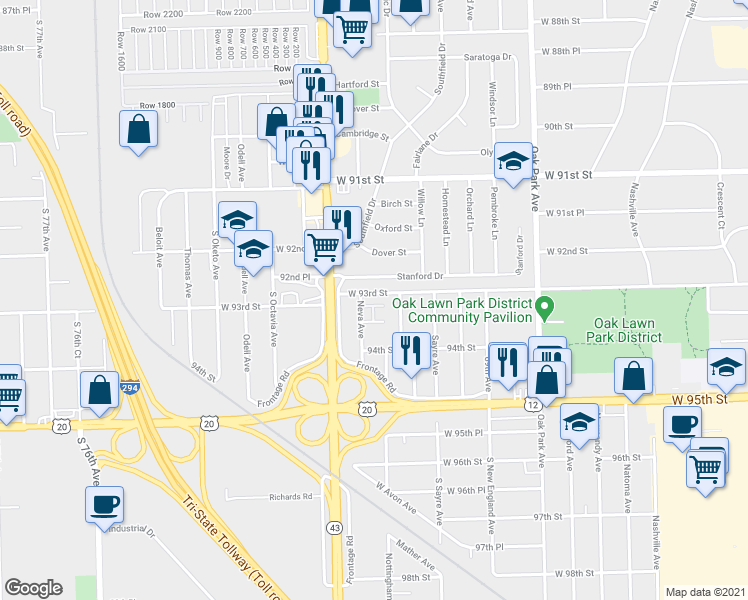 map of restaurants, bars, coffee shops, grocery stores, and more near 7110 West 93rd Place in Oak Lawn