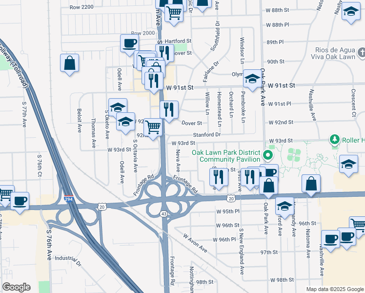 map of restaurants, bars, coffee shops, grocery stores, and more near 7110 West 93rd Place in Oak Lawn