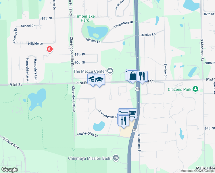map of restaurants, bars, coffee shops, grocery stores, and more near 10S432 Echo Lane in Willowbrook