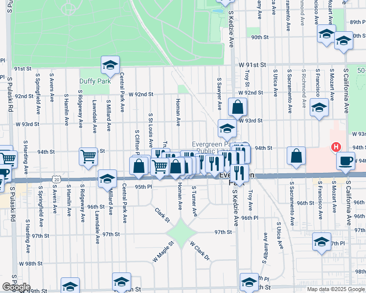 map of restaurants, bars, coffee shops, grocery stores, and more near 9345 South Homan Avenue in Evergreen Park