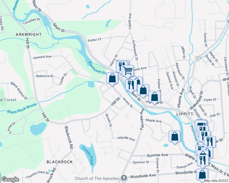 map of restaurants, bars, coffee shops, grocery stores, and more near 48 Ames Street in Coventry