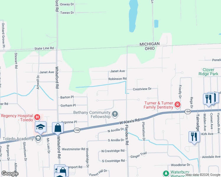 map of restaurants, bars, coffee shops, grocery stores, and more near 5912 Brookson Road in Sylvania
