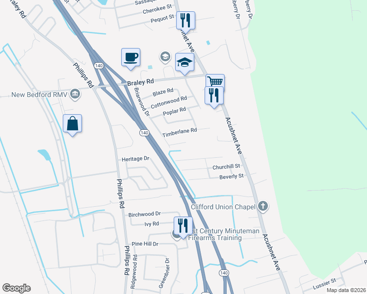 map of restaurants, bars, coffee shops, grocery stores, and more near 30 Briarwood Court in New Bedford