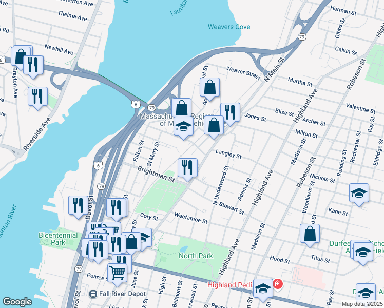 map of restaurants, bars, coffee shops, grocery stores, and more near 4 Pickering Street in Fall River