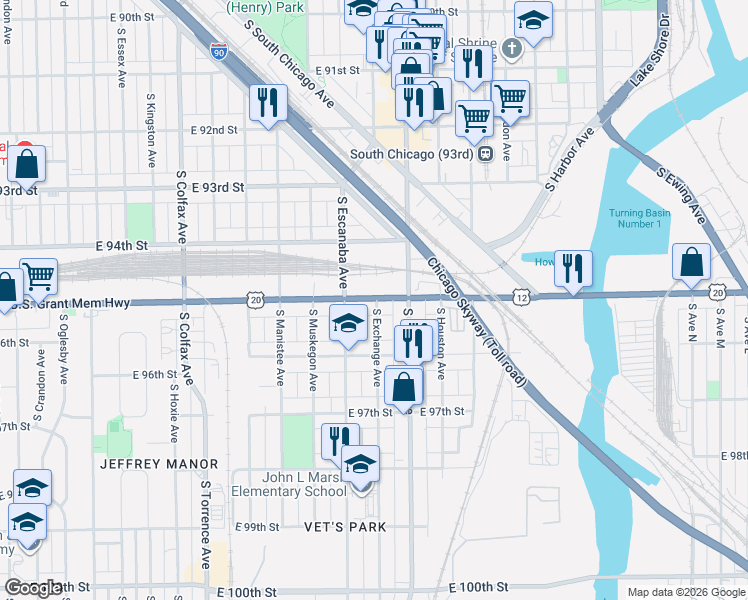 map of restaurants, bars, coffee shops, grocery stores, and more near 2929 E 95th St in Chicago