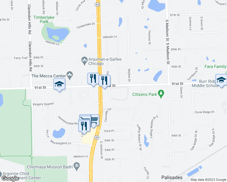 map of restaurants, bars, coffee shops, grocery stores, and more near 16W301 91st Street in Willowbrook