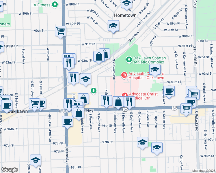 map of restaurants, bars, coffee shops, grocery stores, and more near 9329 Kolmar Avenue in Oak Lawn