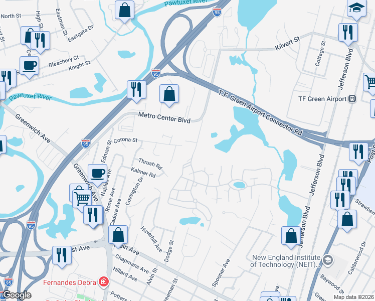map of restaurants, bars, coffee shops, grocery stores, and more near 1011 Williamsburg Circle in Warwick