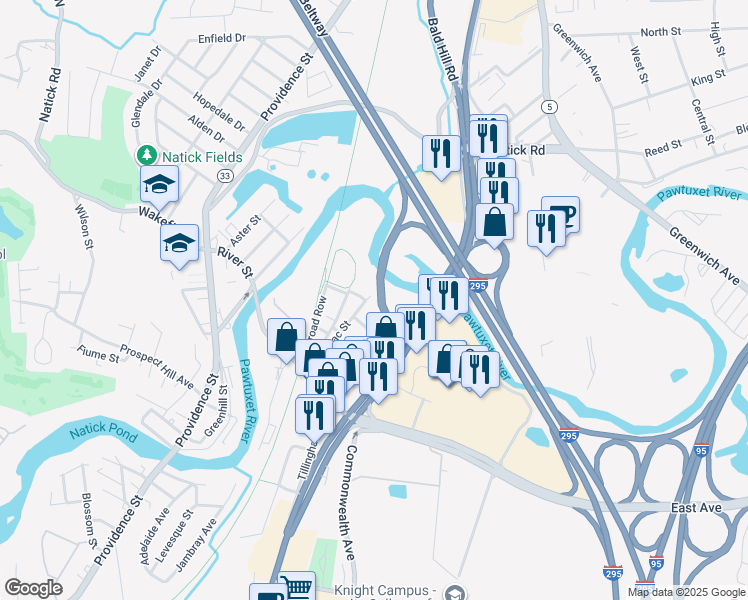 map of restaurants, bars, coffee shops, grocery stores, and more near 4 Pontiac Street in Warwick