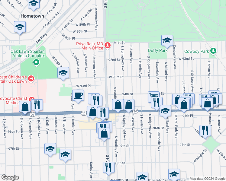 map of restaurants, bars, coffee shops, grocery stores, and more near 9346 South Harding Avenue in Evergreen Park