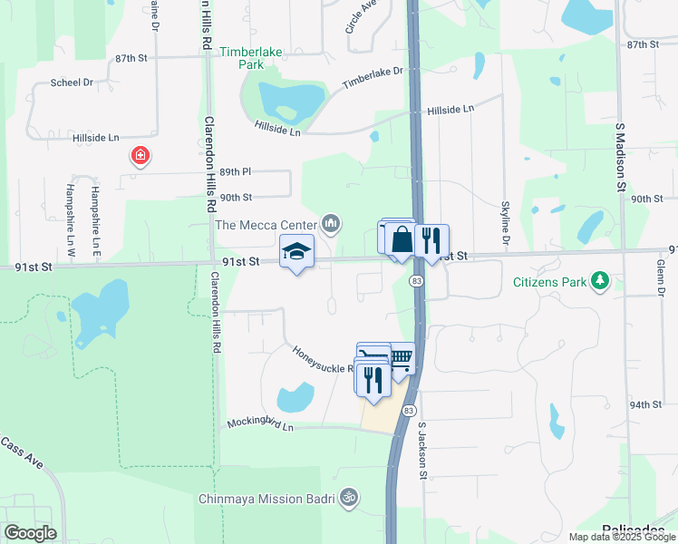 map of restaurants, bars, coffee shops, grocery stores, and more near 10S421 Echo Lane in Willowbrook