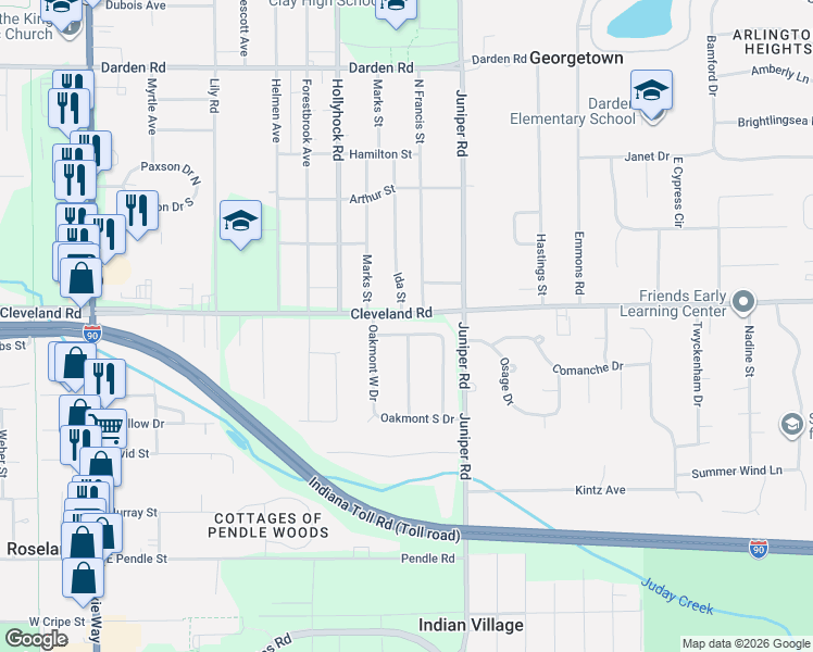 map of restaurants, bars, coffee shops, grocery stores, and more near 19119 Oakmont North Drive in South Bend