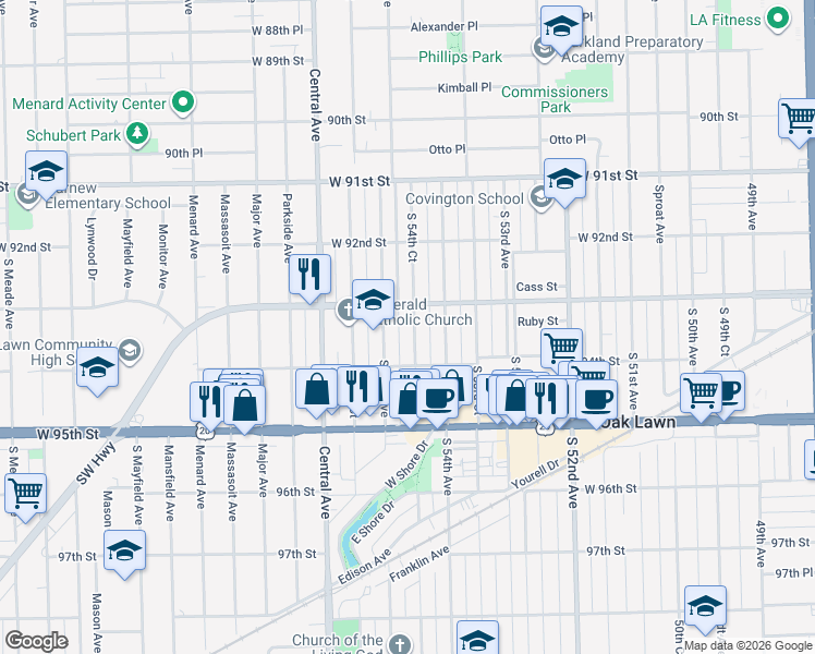 map of restaurants, bars, coffee shops, grocery stores, and more near 9325 South 55th Avenue in Oak Lawn