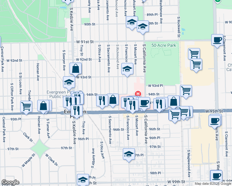 map of restaurants, bars, coffee shops, grocery stores, and more near 9358 South Richmond Avenue in Evergreen Park