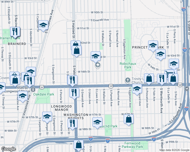 map of restaurants, bars, coffee shops, grocery stores, and more near 9418 South Lowe Avenue in Chicago