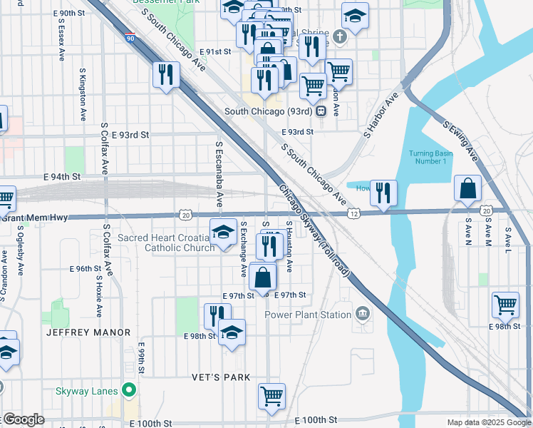 map of restaurants, bars, coffee shops, grocery stores, and more near E 95th St & S Commercial Ave in Chicago