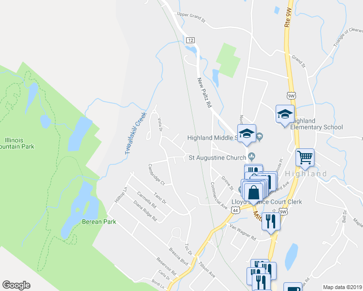 map of restaurants, bars, coffee shops, grocery stores, and more near 70 Sunny Brook Circle in Highland