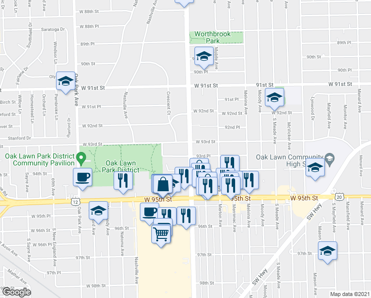 map of restaurants, bars, coffee shops, grocery stores, and more near 9308 Ridgeland Avenue in Oak Lawn